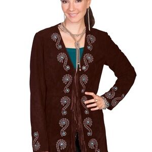Scully Leather Womens Fringe Silver Embroidered Boar Suede Jacket Expresso